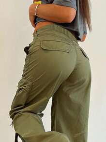 Y2K Street Flap Pocket Tape Detail Loose Casual Wear Szerokie Nogawki Spodnie cargo typu Parachute