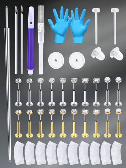 CIZME Ear Piercing Kit Silver Ear Piercing Kit Self Piercing Earrings Piercing Kit Disposable Earring Piercing Kit With Silver Earring Push In Flat Back Helix Rook Cartilage Piercing Needle Kit At Home, Flat Back Earrings Stud Threadless Tragus Labret Cartilage Lip Medusa Conch Body Piercing Jewelry Hypoallergenic For Women Men