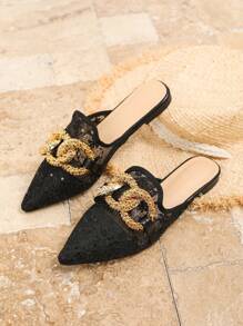 Women's Elegant Spring/Summer Flat Point-Toe Black Mesh & Metal Buckle Mules (Random Shoe Upper Pattern) - Black - View 4