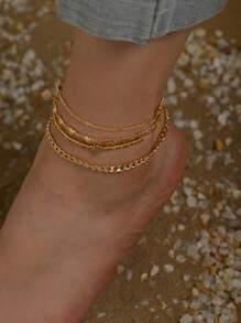 4pcs Holiday Style Heart Chain Pearl Anklet (Random Heart Chain Quantity, Based On Length) Valentine's Day Valentines,Mom,Mother,Mother's Day,Gift