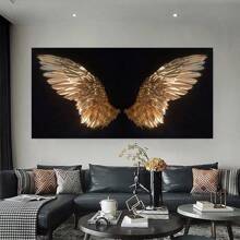 1pc, Golden Feather Wings Canvas Prints Posters, Fashion Theme Golden Feathers Wall Arts For Living Room, Bedroom, Home Office, Classroom Frameless Indoor Wall Decor, Transverse Orientation, No Frame Gifts Birthday Graduation - Black - View 4