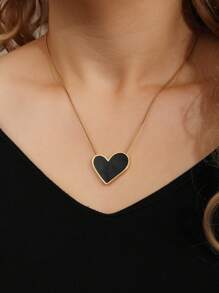 1 件女士金色时尚不锈钢项链配黑色大心形吊坠，适合日常佩戴 - 金色 - 查看 5