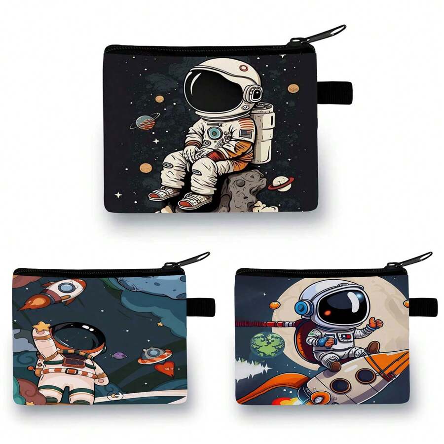 Coin Wallet In Colourful-Red/Blue/Black Festive Astronaut Printed Coin Wallet - Casual Style, Polyester Material - Multicolor - View 1