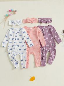 Baby Girl 2Pcs Fall Outfits Ruffle Long Sleeve Bow Print Jumpsuit With Headband Set Newborn Clothes - White - View 3
