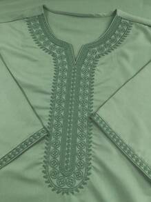 Men's Moroccan Style Short Sleeve Embroidered Robe With Side Pockets, Islamic Men's Casual Loungewear Robe, Ramadan Robe For Men - Olive Green - View 4