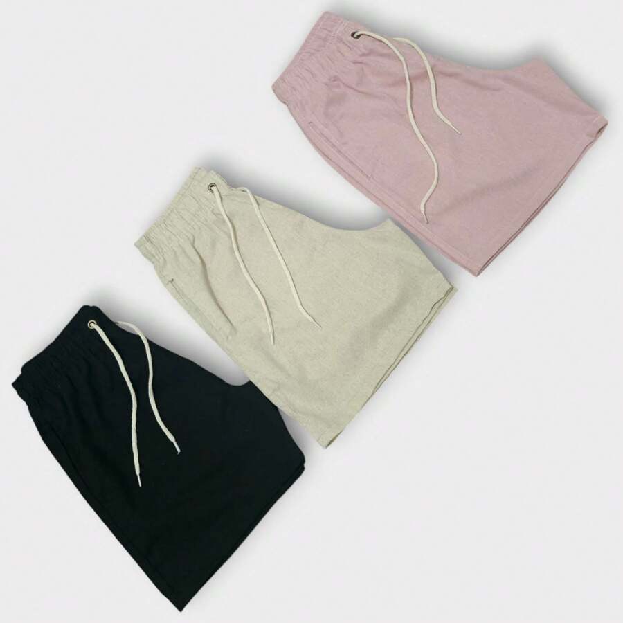 Kit 3 Premium Linen Shorts Bermuda Mauricinho Men's Casual Basic Comfortable Drawstring Waist - Màu Hồng baby - Xem 1