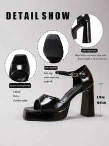 Women's Black High Heel Shoes With Waterproof Platform, Glossy PU Material, Thick Wedge Heel, Open Toe, Suitable For Summer Party