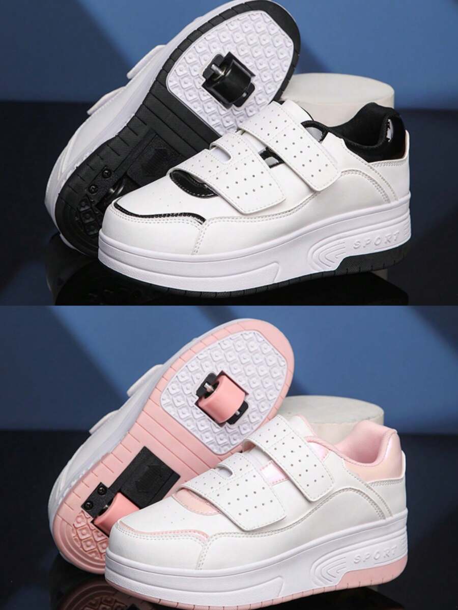 2025 Kids Unisex Wheeled Skate Shoes, Outdoor Sports Leisure Sneakers For Youth Teenagers, Hook-And-Loop Anti-Slip Contrast Color, Size 31-40 - Black and White - View 1