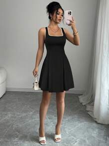 Women's Contrast Piping Sleeveless Short Casual Dress, Daily Wear