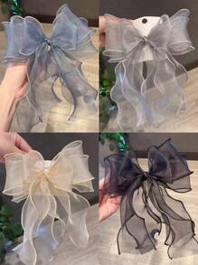 1pc Girls Simple Fashion Tulle Bow & Ribbon Spring Clamp Hair Clip, No Cardboard
