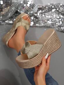 Damen Schlappen mit Schleife Verzierung und Keilsohle, leichte Offene Zehen Lässig Strandschuhe für Outdoor-Aktivitäten