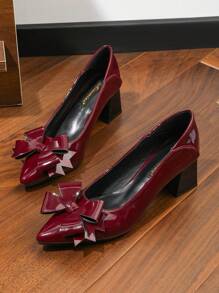 Women's High Heel Pumps With Bowknot Decor, Pointed Toe, Wine Red Patent Leather, Rubber Sole, Block Heel, Romantic College Style, High Heels For Party, Bridesmaid, Bride Wedding