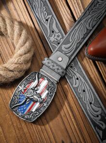 1条男士西部牛仔长角牛扣复古深棕色PU皮带，适合所有季节，夏季、学校休闲、商务、男友、丈夫、父亲等男士日常穿着，时尚百搭，青少年、户外、度假、运动、旅行、街头、波西米亚风、复古秋季、万圣节秋冬配饰，适合青少年、青年、男士、休闲、户外、运动、度假、毕业礼物、生日礼物、日常穿着 - 如圖 - 查看 26