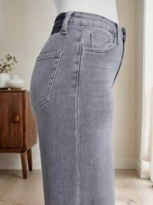 High Waisted Wide Leg Baggy Jeans Light Blue With Raw Hem - Stone Gray - View 6