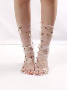 1双女士花卉刺绣中筒袜，秋季