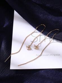 Nooxian 1 Pair Fashionable Micro-Inlaid Zirconia Wing Design Tassel Dangle Earrings