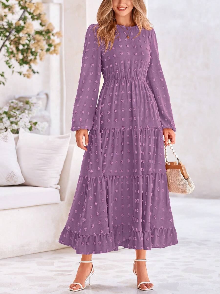 Women's Autumn Spring Elegant Long Sleeve Long Dress Swiss Polka Dot A Elegant Casual Holiday Wedding Party Going Out Dress - 紫色 - 查看 1