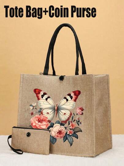 2 Pieces Pink Butterfly Print Tote Bag Set, Jute With Stylish Pattern, Including Handy Coin Purse, Perfect For Shopping, Travel & Beach Adventures,Multifunctional Women's Bag, Suitable For Daily, Travel, Shopping, Work, Gift Giving