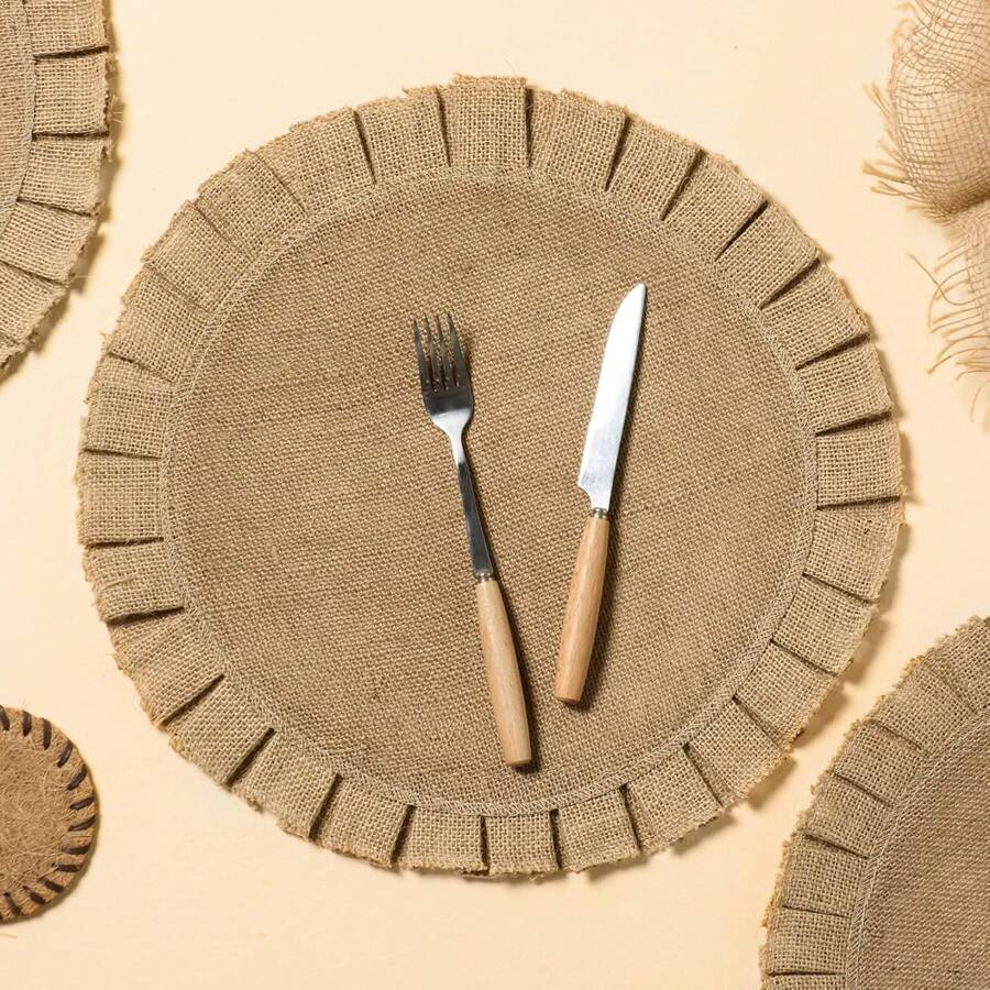 Conjunto de 6 jogos americanos redondos de linho grosso, 6 jogos americanos de mesa de jantar de linho natural de fazenda, adequados para festa de casamento, decoração de mesa de jantar de fazenda