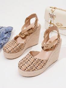 露背坡跟凉鞋女款，编织绳透气时尚露背系带单扣草编鞋 - 彩色 - 查看 1