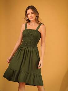 Short Lastex Dress With Straps And Ties - Military Verde - View 1