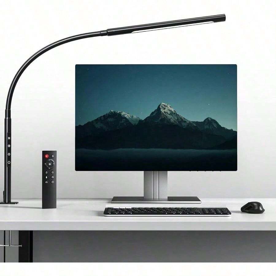 Desk Light With Remote Control, Eye-Caring Gooseneck Desk Lamp, Adjustable Brightness & Color Temperatures, Modern LED Clamp Light With Memory & Timer Function, 12W, Matteblack