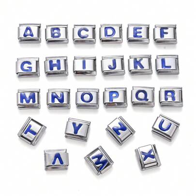 1 pieza Joya para hacer manualmente con dije de color azul plateado clásico con 26 letras A-Z tipo eslabón italiano para brazalete de acero inoxidable de 9 mm