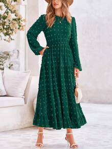 Women's Fall And Spring Elegant Long Sleeve Long Dress Swiss Polka Dot A Elegant Casual Holiday Wedding Party Going Out Dress - 深綠色 - 查看 3