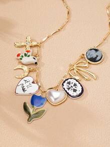 1pc Charm Necklace For Women, Handmade Heart Cross Bow Cowgirl Boots Charms Necklaces, Boho Jewelry (Slight Variations In Details) - Multicolor - View 11