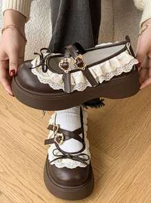 Damen Retro Mary Jane Schuhe, Dicke Plateau-Keilabsätze, Schleifenverzierung, modische vielseitige Freizeitschuhe