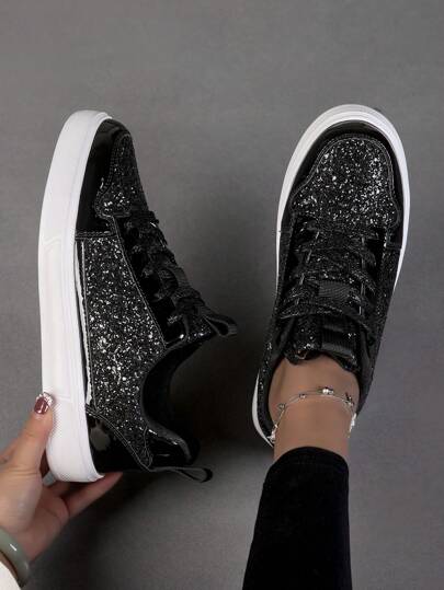 Y2K Style Street Style Casual Black Sequin Women's Shoes, New Sports Shoes, Breathable Sequin Shoes, Comfortable, Home Leisure Shoes, Outdoor Leisure Women's Shoes, Versatile, Simple And Multi-Colored, Anti-Slip And Wear-Resistant Super Light Sports Shoes, Fashionable Classic Sequin Women's Shoes