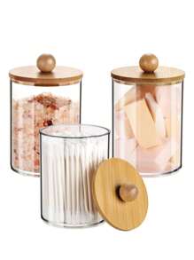 3 件装 Qtip 分配器带竹盖，10 盎司透明塑料化妆品储存容器，浴室棉签配件套装，化妆刷收纳盒情人节 - 彩色 - 查看 9