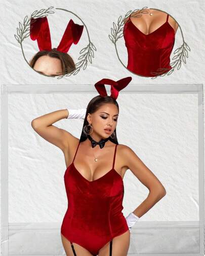 CONEJITA SEXY DE GAMUSA TALLAS PLUS SIZE CON MANGAS,MOÑO Y DIADEMA