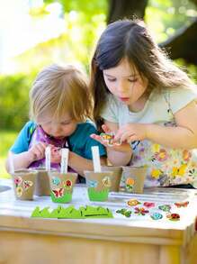 10pcs/5pcs Garden Papercraft Planting Foam Flower Kits, DIY Painting Craft Set, Paper Pulp Pots, 80pcs Random Foam Stickers, Children Science Gift, Floral Planting Craft For Spring, Available In 8cm And 6cm Sizes - Khaki - View 12