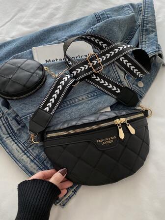 1 件时尚腰包，休闲格子仿皮斜挎胸包，带可调节肩带，拉链开合，涤纶衬里，适合派对和旅行