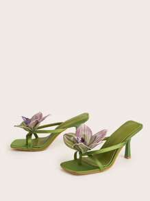 Sandalias de tacón stiletto de dedo abierto, con decoración de flor de satén verde para primavera/verano, viajes y playa