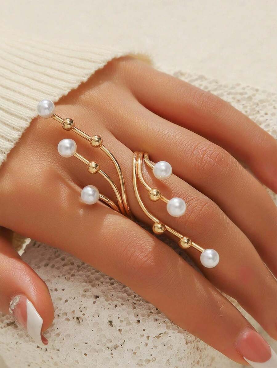 1 pieza Anillo creativo exagerado con perla geométrica, adecuado para el uso diario de las mujeres - Amarillo Oro - Ver 1