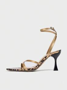 Women's Fashionable High Heels, Suitable For Parties, Outdoor Events, Elegant Banquets, Featuring Shiny Metallic Material, Pointed Toe, Leopard Print Ankle Strap, Stylish & Sexy, Gold Color Spring/Summer