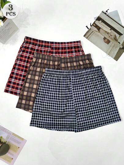 3er Pack Herren dünne karierte elastische bequeme weite Boxershorts, Lässig Shorts in Mehrfarbig, Schlafanzughose mit dehnbarem Bund und Lange Unterwäsche Set, atmungsaktiv