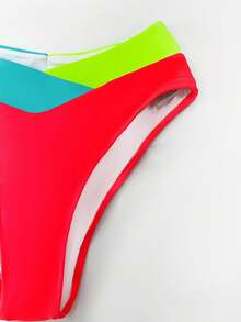 popvil 2pcs Women Summer Beach Color Block Neon Bikini Set With Hollow Out Front And Back Tie Design, Bathing Suit, Vacation Bikini Set - Multicolor - View 4