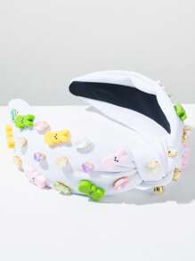 1 pièce Serre-tête lapin strass décoré d'un nœud en tissu blanc, accessoire de mode pour cheveux avec strass, doux et mignon pour les festivals