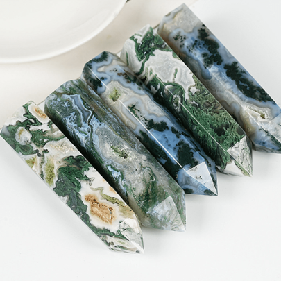 Vara de ágata de musgo de cristal natural con geoda para decoración y sanación