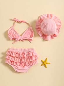Baby Girls Summer Swimwear Outfit Sets Hanging Neck Tops + Layered Ruffle Shorts + Hat - Hồng - Xem 2