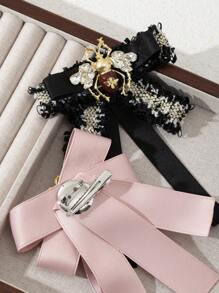 1 Pc Elegant Palace Style Bejeweled Bee Metal Badge With Ribbon Bow Fabric Brooch, Luxury Jewelry Lapel Pin, Suitable For Daily Wear, Gift For Dates