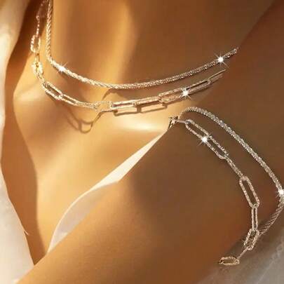 2 piezas Juego de collar y pulsera de doble capa elegante y delicado de plata de ley 925, regalo de joyería para mujeres, regalo de cumpleaños, regalo de fiesta, uso diario