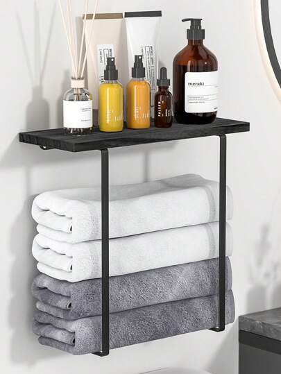 1pc Set Double Pole Large Capacity Art Deco Wall Mounted Ironwood Bathroom Towel Rack - Space-Saving Storage Organizer For Multiple Towels - Easy Installation, Rust-Resistant Metal, Minimalist Design For Bathroom Decor Or RV Camper