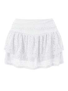Women Tiered Ruffled Short Skirts Floral Lace Sheer Mid Rise Lined Cute Flowy Mini Skirts - White - View 1