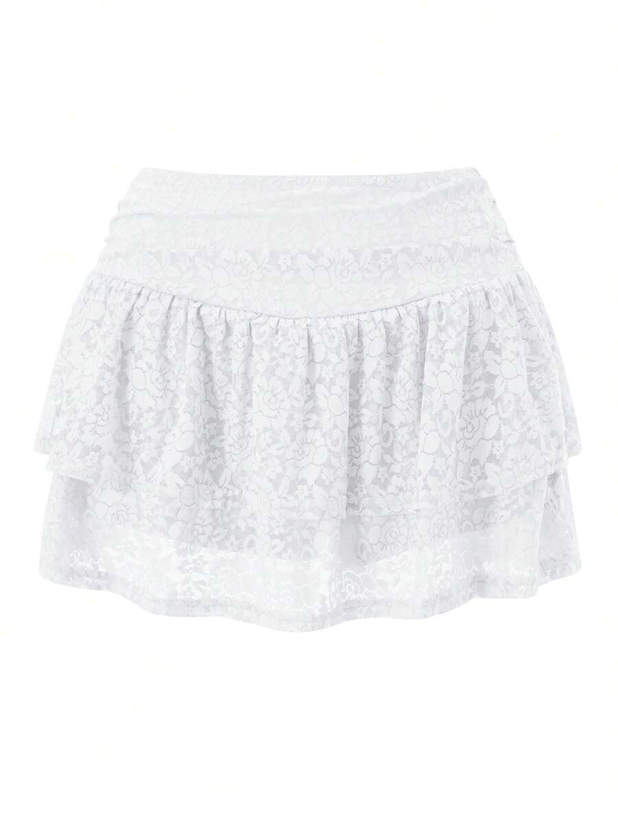 Women Tiered Ruffled Short Skirts Floral Lace Sheer Mid Rise Lined Cute Flowy Mini Skirts - White - View 1