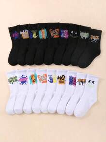 10pairs Random Black-And-White Teenagers Boy's Street Style Casual Sporty Graffiti Mid-Calf Socks - Multicolor - View 4