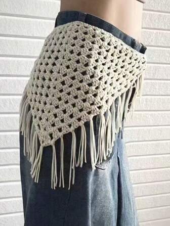 1 pieza Pañuelo triangular de punto, Cinturón de cintura tejido a ganchillo con flecos huecos, Bufanda multifuncional de viaje para la cabeza de mujer, Accesorio de corbata triangular para decoración de cabeza, cintura y cadera